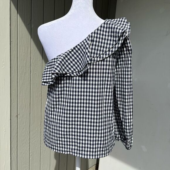 J Crew Blue & White Gingham One Sleeve Asymmetric Ruffle - SZ 4 - Picture 3 of 12